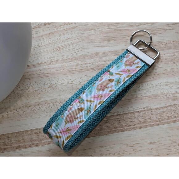 Feather Keychain Wristlet Handmade Boho‎ Fabric Key FOB Sturdy Farmhouse Teal - Picture 4 of 7